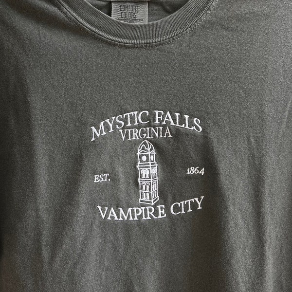 Mystic Falls Vampire City Comfort Colors Embroidered T-Shirt, Vampire Diaries Embroidered T-Shirt