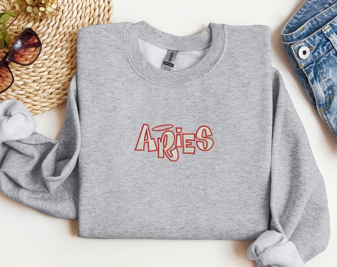 Aries Embroidered Sweatshirt, Aries Zodiac Embroidered Crewneck, Aries Zodiac Embroidered Sweater