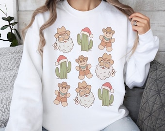 Retro Santa Clause Christmas Cactus Cowboy Gingerbread Crewneck Sweatshirt, Christmas Sweater, Xmas Holiday Gift, Fun Christmas Sweater