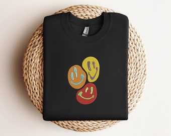 Happy Face Embroidered Sweatshirt, Happy Face Crewneck, Melting Happy Face Sweater