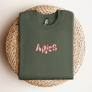 Aries Embroidered Sweatshirt, Aries Zodiac Embroidered Crewneck, Aries Zodiac Embroidered Sweater Military Green