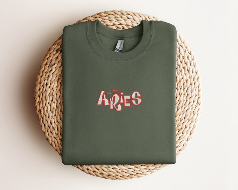 Aries Embroidered Sweatshirt, Aries Zodiac Embroidered Crewneck, Aries Zodiac Embroidered Sweater Military Green