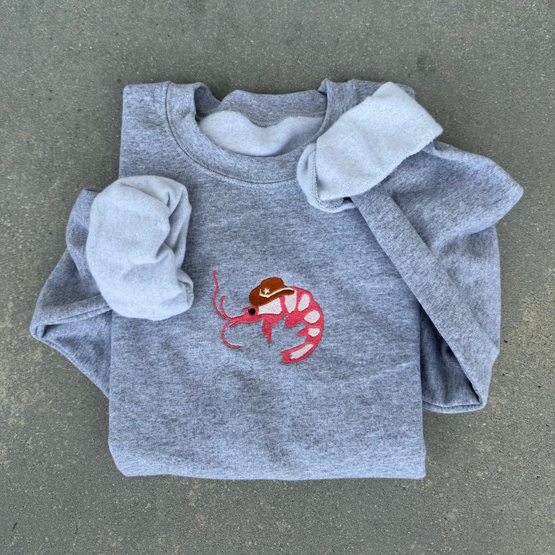 embroidered crewneck, embroidered gifts, cute sweatshirt, aesthetic crewneck, aesthetic hoodie, embroidered sweater, vintage sweater, funny sweatshirt, y2k fashion, minimalist, funny gifts, shrimp sweatshirt, cowboy shrimp, shrimp cowboy