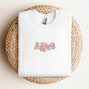 Aries Embroidered Sweatshirt, Aries Zodiac Embroidered Crewneck, Aries Zodiac Embroidered Sweater Branco