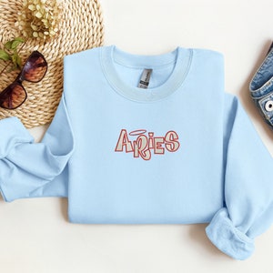 Aries Embroidered Sweatshirt, Aries Zodiac Embroidered Crewneck, Aries Zodiac Embroidered Sweater Light Blue