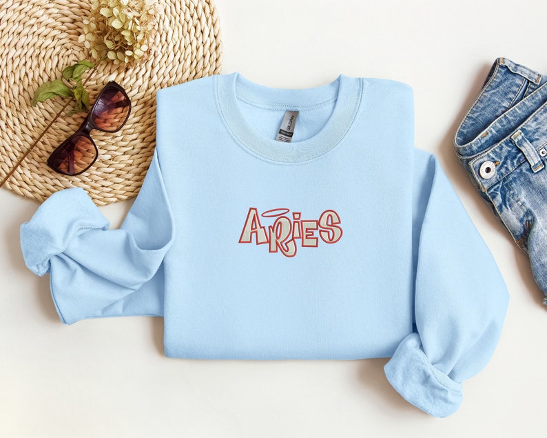 Aries Embroidered Sweatshirt, Aries Zodiac Embroidered Crewneck, Aries Zodiac Embroidered Sweater Light Blue