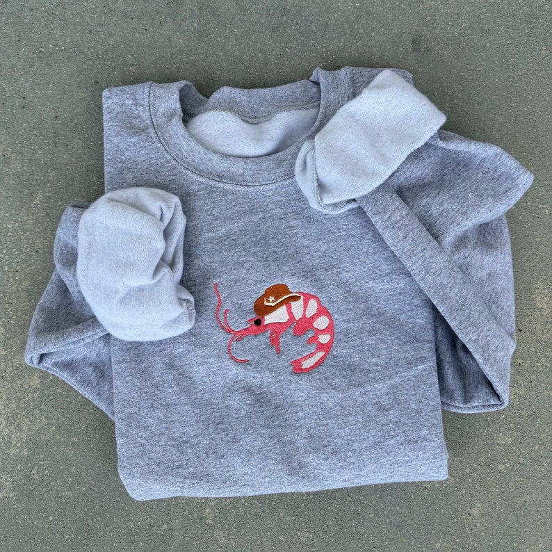 embroidered crewneck, embroidered gifts, cute sweatshirt, aesthetic crewneck, aesthetic hoodie, embroidered sweater, vintage sweater, funny sweatshirt, y2k fashion, minimalist, funny gifts, shrimp sweatshirt, cowboy shrimp, shrimp cowboy