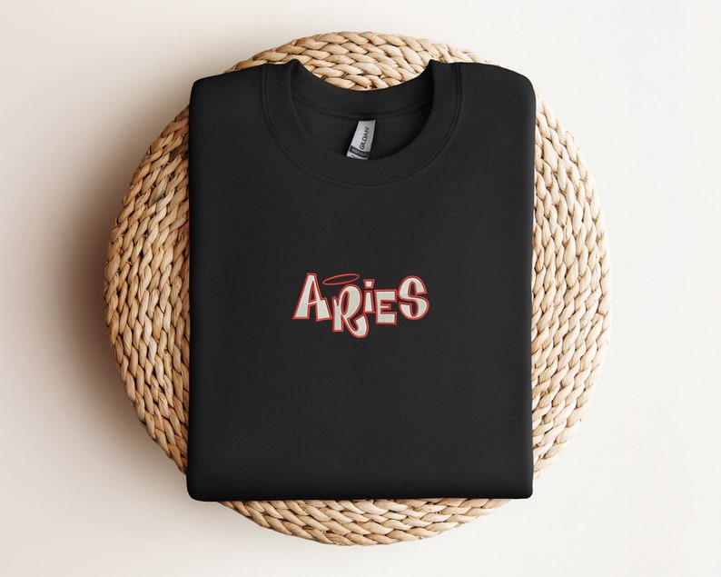 Aries Embroidered Sweatshirt, Aries Zodiac Embroidered Crewneck, Aries Zodiac Embroidered Sweater Preto