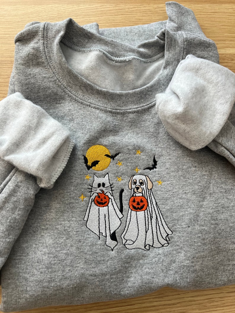 Dog Ghost Embroidered Sweatshirt l Cat Ghost Embroidered Sweater l Ghost Dog Embroidered Sweater l Halloween Cat Dog Ghost Embroidered image 4