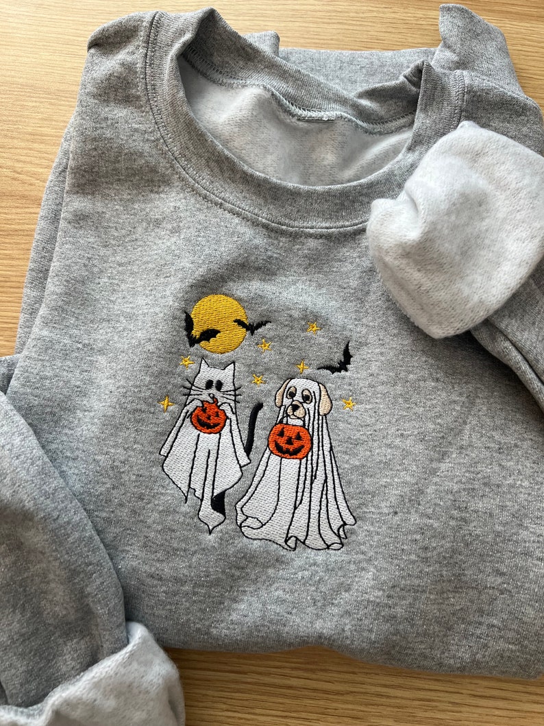 Dog Ghost Embroidered Sweatshirt l Cat Ghost Embroidered Sweater l Ghost Dog Embroidered Sweater l Halloween Cat Dog Ghost Embroidered image 3