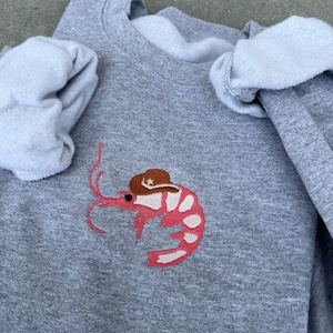 embroidered crewneck, embroidered gifts, cute sweatshirt, aesthetic crewneck, aesthetic hoodie, embroidered sweater, vintage sweater, funny sweatshirt, y2k fashion, minimalist, comedy sweater, shrimp sweatshirt, cowboy shrimp, cowboy hat sweater