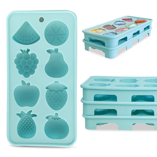 Lot de 2 bacs à glaçons en silicone flexibles en forme de gros fruits pour glaçons ronds avec surface antiadhésive.