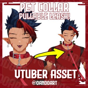 May include: A red and black pet collar with a pull-able leash. The collar is attached to a red shirt with a white collar. The text "VTUBER ASSET @DANDOART" is on the bottom of the image.