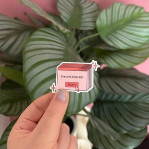 Puede incluir: Una pegatina rosa con el texto "Execute Order 66?" y un botón "ACCEPT". El diseño simula una ventana de ordenador. El fondo muestra una planta verde con hojas grandes y rayadas.