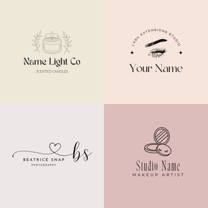 May include: Four different logo designs for small businesses. The first logo is for a candle company, the second is for a lash extension studio, the third is for a photography business, and the fourth is for a makeup artist.
