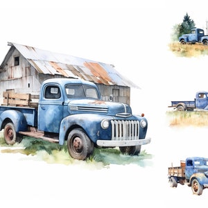 Watercolor Old Blue Farm Truck Clipart - 8 High Quality PNGs - Digital Download - For Personal and Commercial Use