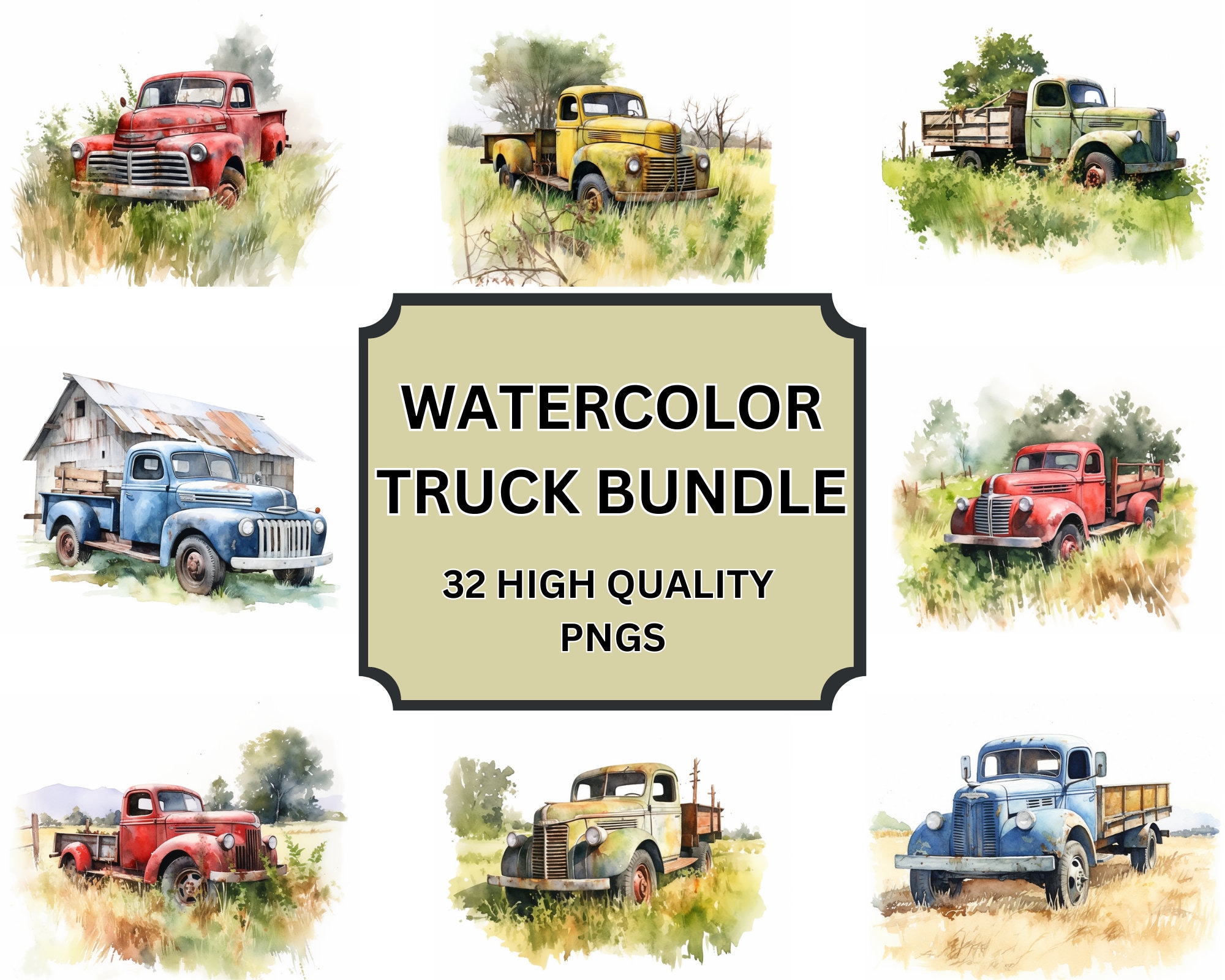 Watercolor Old Farm Truck Clipart Bundle - 32 High Quality Pngs ...