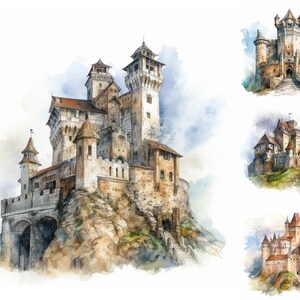 Watercolor Medieval Castle Clipart - 8 High Quality PNGs - Digital Download - For Personal and Commercial Use