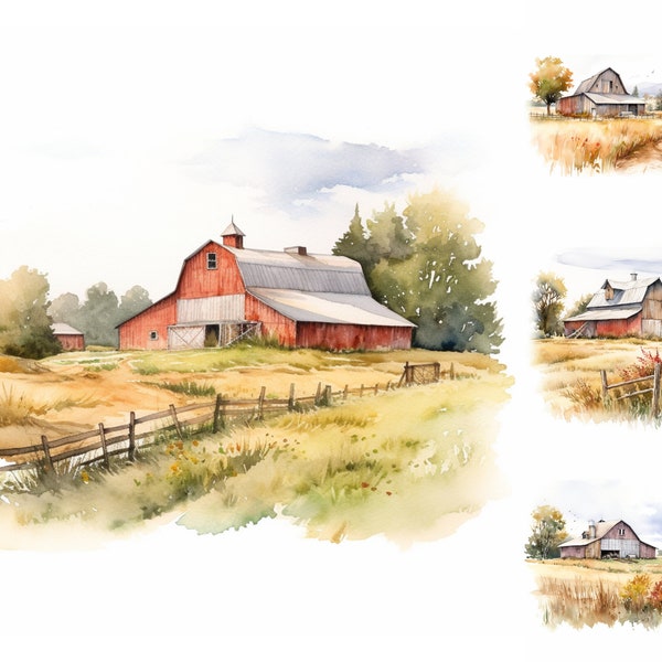 Watercolor Barn Clipart - 8 High Quality PNGs - Digital Download - For Personal and Commercial Use