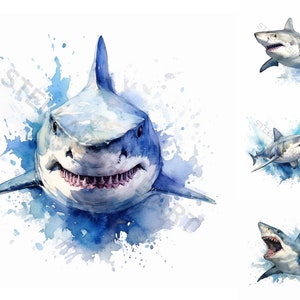 Watercolor Sharks Clipart - 8 High Quality PNGs - Digital Download - For Personal and Commercial Use