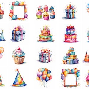 Aquarelle Birthday Party Bundle - * 32 * PNG de haute qualité - Téléchargement numérique - Pour un usage personnel et commercial - Gâteau, ballons, cadeaux