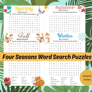 Four Seasons Printable Word Search Puzzle Activity Worksheet for Kids | Fun Seasonal Themed Puzzles | Set of 4 Word Search Games| Kids 8-12