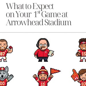 Pode incluir: Um guia intitulado "What to Expect on Your 1st Game at Arrowhead Stadium" com ilustrações pixelizadas de fãs e jogadores dos Chiefs. O guia inclui o logotipo NFLgirlPhD e o texto "A Step by Step Guide for Chiefs Home Game Days."