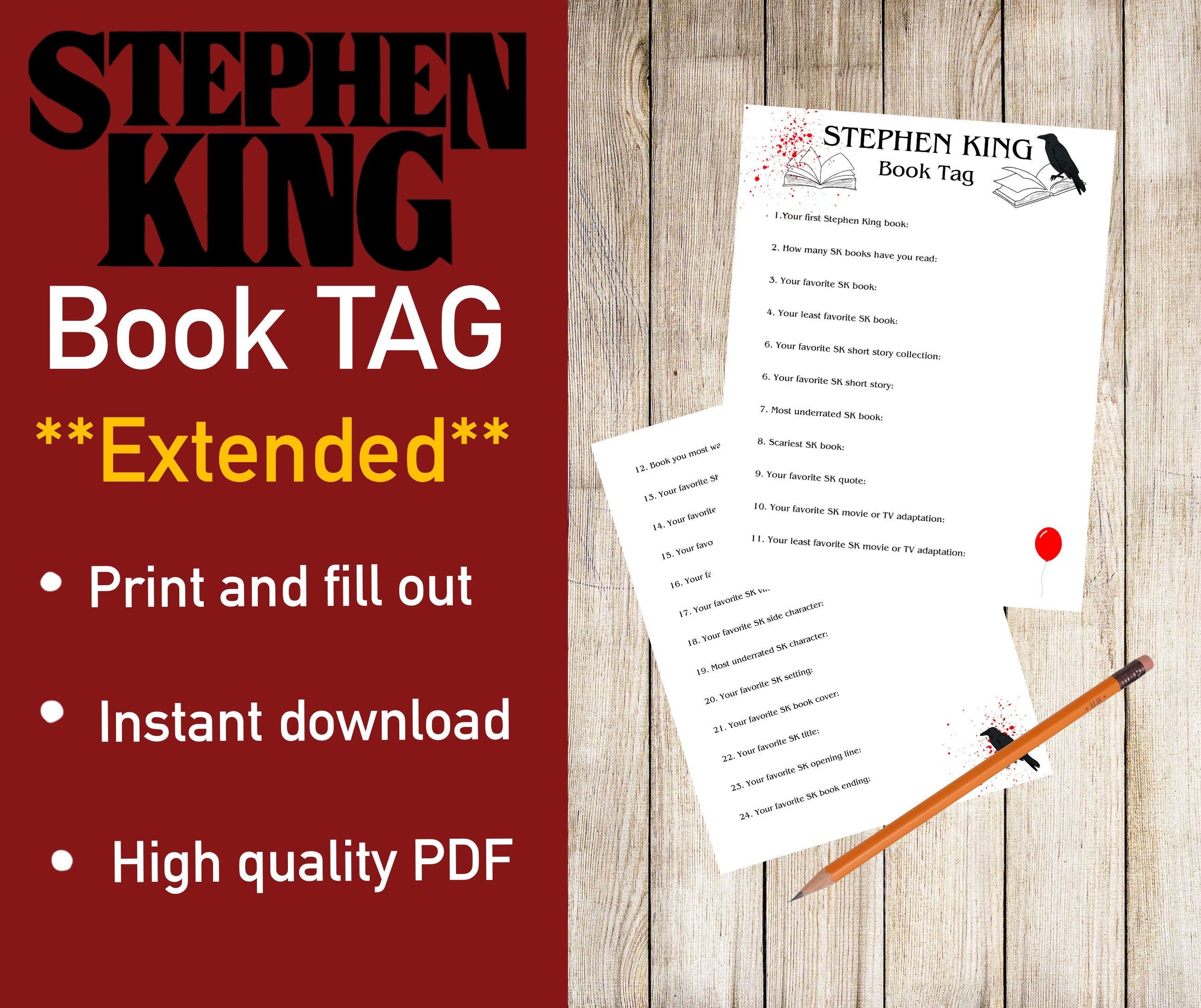 Stephen King Book Tag **EXTENDED** | DIGITAL DOWNLOAD - Etsy