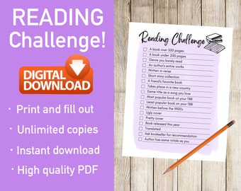 May include: A printable reading challenge checklist with 17 items to complete. The checklist includes items like "A book over 500 pages", "Genre you barely read", and "A friend's favorite book".