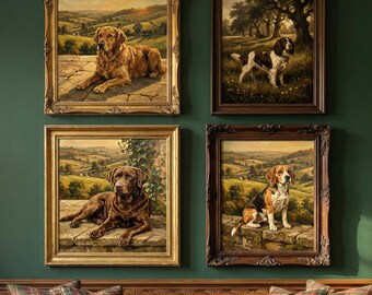 Sporting Dog Collection Set of 4 Vintage Oil Paintings | English Country Gallery Wall | Grandmillennial Dog Lover Gift Set