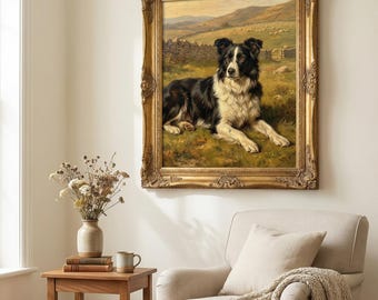 Vintage Border Collie Oil Painting | English Country Decor | Dog Lover Gift | Antique Pet Portrait Wall Art | Grandmillennial Library Decor