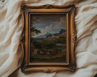 Classical Landscape with Rainbow Print | Vintage Pastoral Oil Painting | Romantic Era Art | Cottagecore Fine Art Print