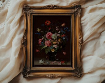 Dark Floral Oil Painting | Vintage Flower Bouquet Print | Dutch Golden Age Still Life | Moody Botanical Fine Art Print