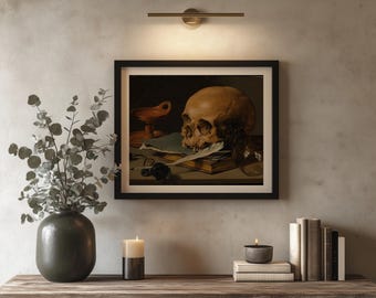 Vanitas Still Life Oil Painting | Skull and Quill Dark Academia Print | Moody Study Art | Vintage Fine Art Print