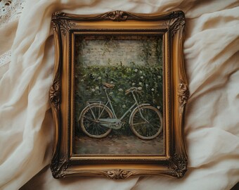Vintage Bicycle English Countryside Print | Cottagecore Garden Wall Art | Rustic Pastoral Landscape, Nursery Decor, Digital Download