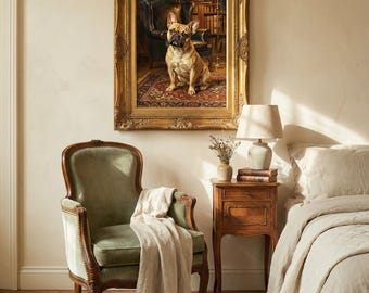 Vintage French Bulldog Oil Painting | English Country Decor | Dog Lover Gift | Antique Pet Portrait Wall Art | Grandmillennial Library Decor