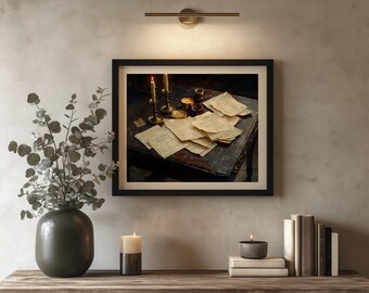 Vintage Letters Still Life Oil Painting | Literary Home Office Wall Art | Poetcore Writer Gift | Grandmillennial | Digital Download