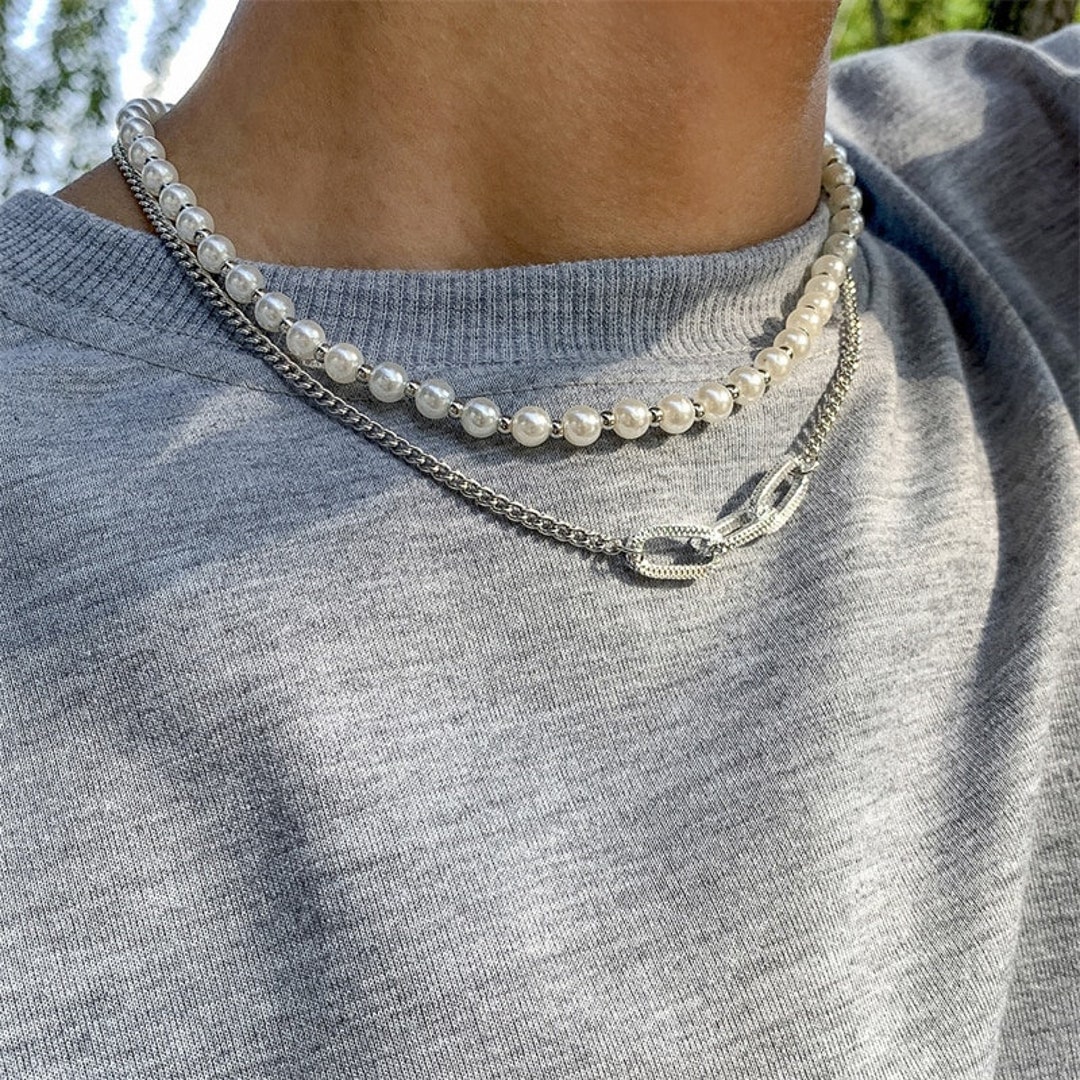 Pearl Necklace With Chain for Men and Women Pearl Necklace for Men Pearl Jewelry for Men Jewelry