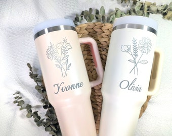 Copo térmico personalizado com flor de nascimento, copo de 1,2 litro com alça e canudo, presente de aniversário, presente para madrinhas, copo de viagem personalizado