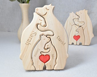 Cadeau voor ouders, gegraveerde familienaampuzzel, familiepuzzel houten beer, familiehuisdecoratie, cadeau voor vader, Vaderdagcadeau, dierenfamilie