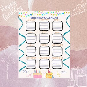 Fecha de cumpleaños Calendario Planificador Impresión digital, Calendario de organización de cumpleaños, Imprimible, descarga digital