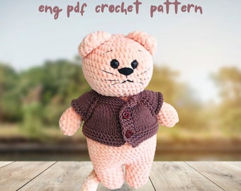 Patrón de ganchillo, patrón de ganchillo de gato, patrón de ganchillo de gato, tutorial de amigurumi en PDF en inglés, descarga de PDF, patrón de ganchillo de gato gatito