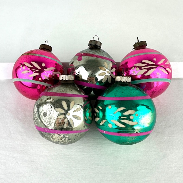 Vintage Shiny Brite Striped Floral Christmas Ornaments