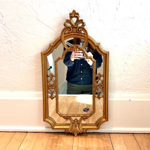 May include: A gold-toned wall mirror featuring an ornate, symmetrical frame with intricate scrollwork and floral-inspired detailing at the top and bottom. The rectangular glass is encased in a decorative border with a small blue Made in Italy sticker.