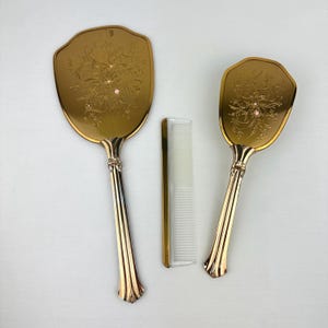 Vintage Matson Gold Floral Mirror Brush & Comb Set with Pink Enamel Accents