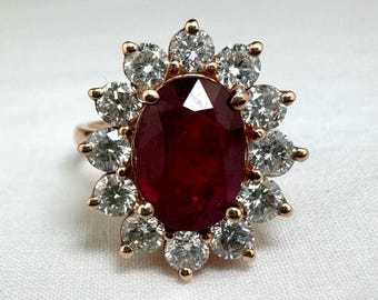 Vintage 14k gouden ring met verbeterde robijn en diamanten