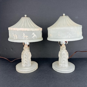 Rare Pair L.E. Smith Boudoir Lamps - Pink Accents 1930’s