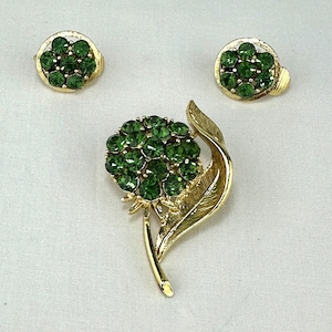 Midcentury Rhinestone Flower Brooch and Earrings