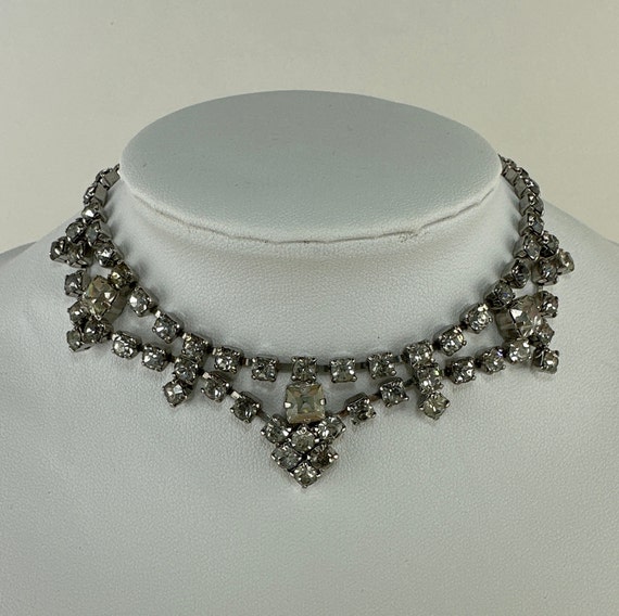 Vintage Clear Rhinestone Choker Necklace with 3 F… - image 1