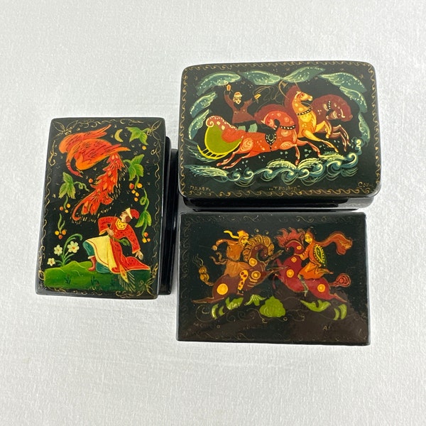 Set of 3 Russian Hand Painted Black Lacquer Boxes